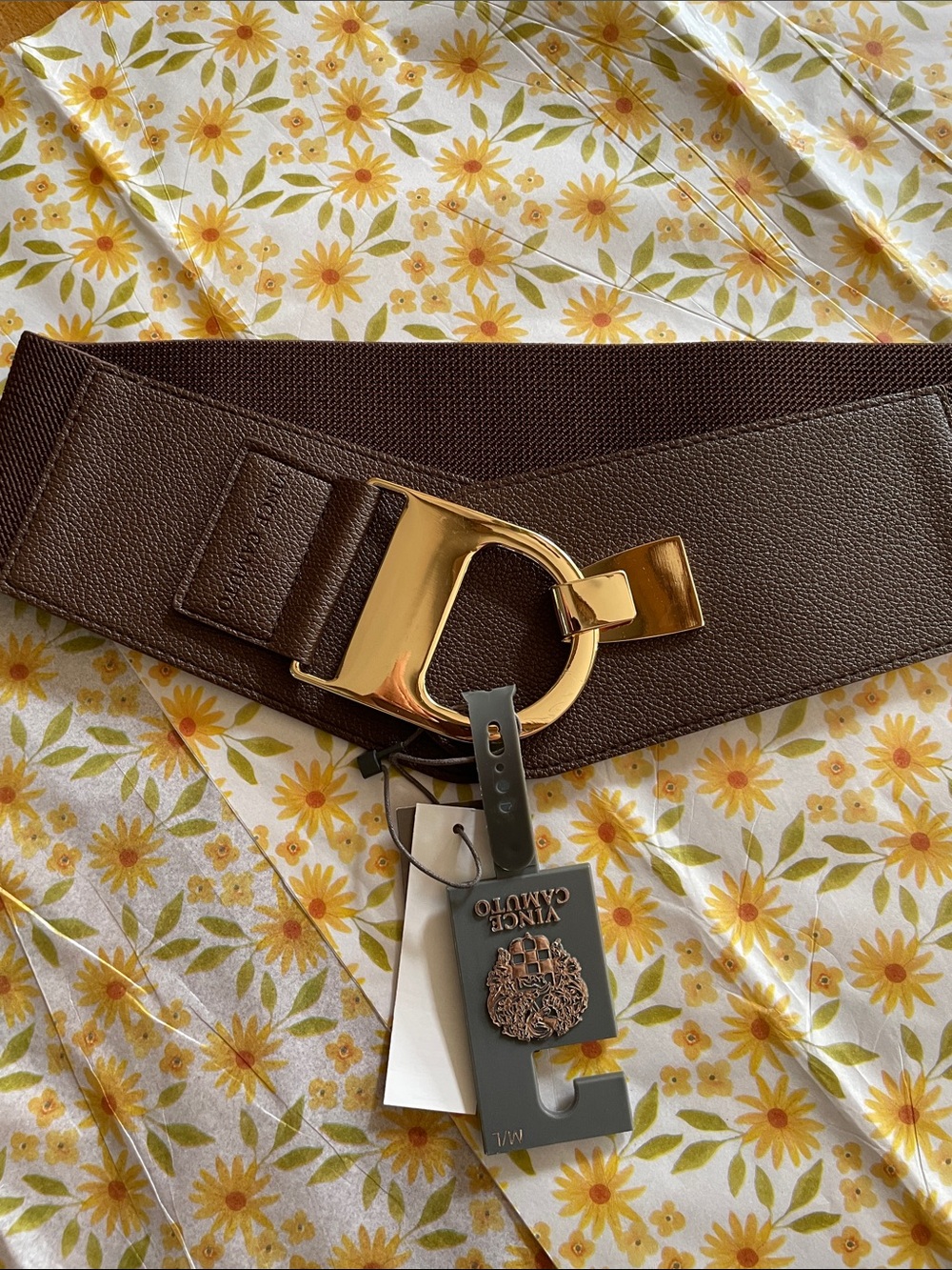 Vince Camuto Wide Brown Leather Belt with Gold Buckle